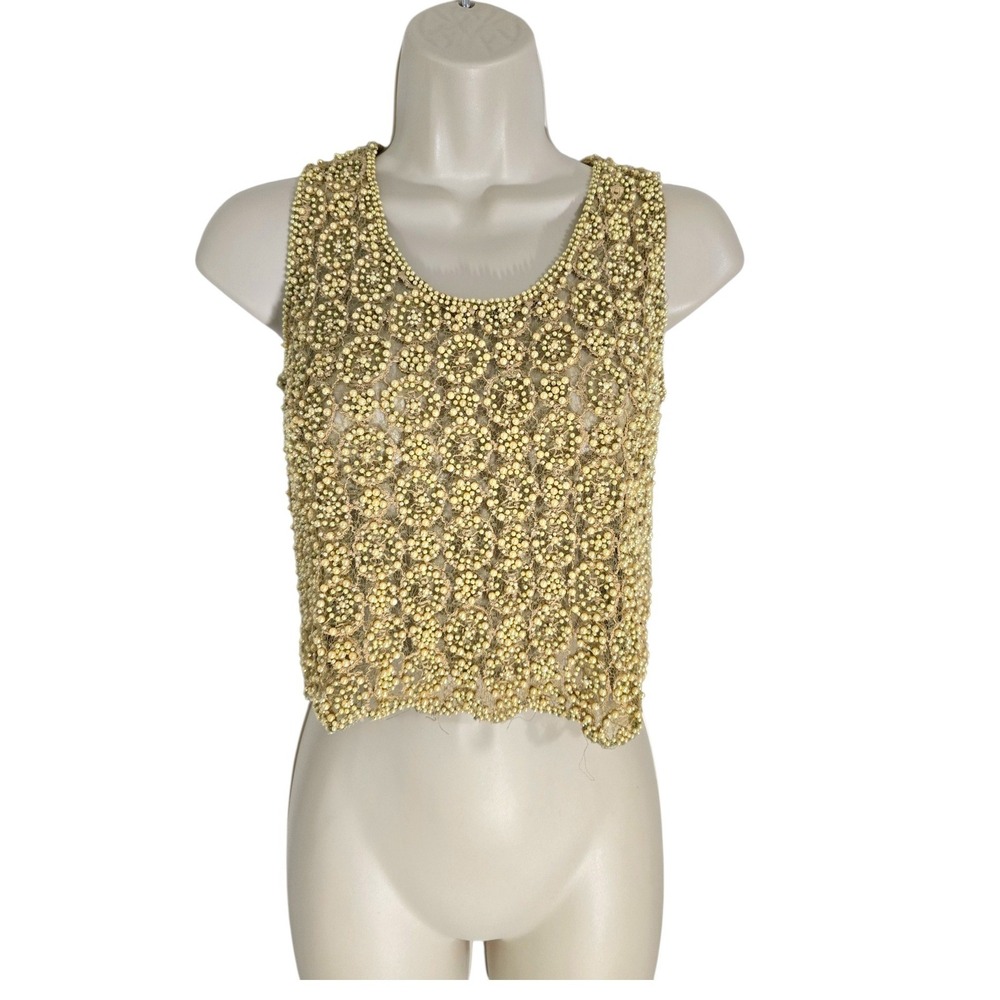 Boemo Womens Pearl Embellished Lace Crop Top Beige Sleeveless XS C126